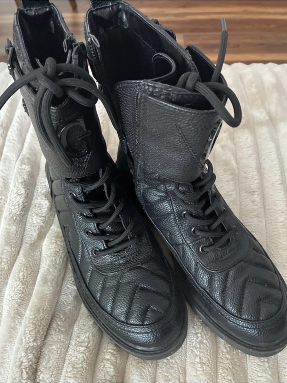 Guess Black Quilted Leather Lace-Up Combat Boots